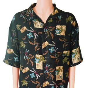 Men's Floral Silk Shirt XXL Firethorn Silver Short Sleeved Button Down Dragonfly